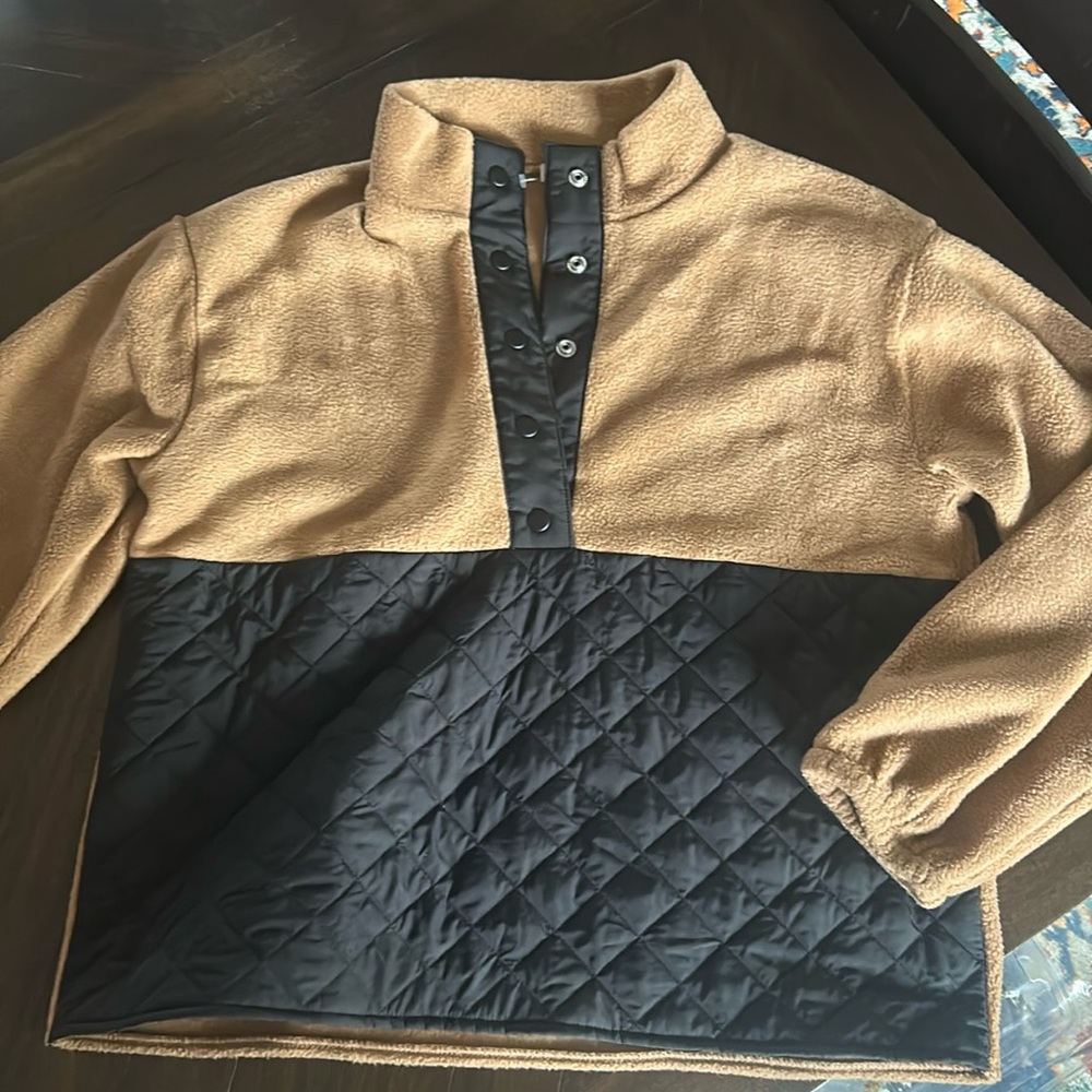 J. Crew Factory camel/black fleece pullover sz M